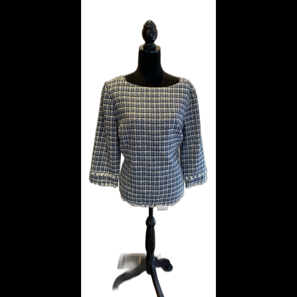 Ann Taylor Blouse Size 14 Top Blue White Tweed Type Fringed Hem Dressy Work Wear